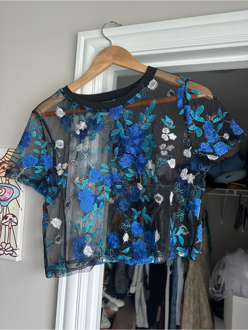 Sheer Floral Embroidered Crop Top - Black with Blue Flowers